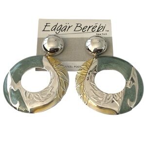 Edgar Berebi Vintage Silver Gold Metal Green Enamel Round Dangle Earrings